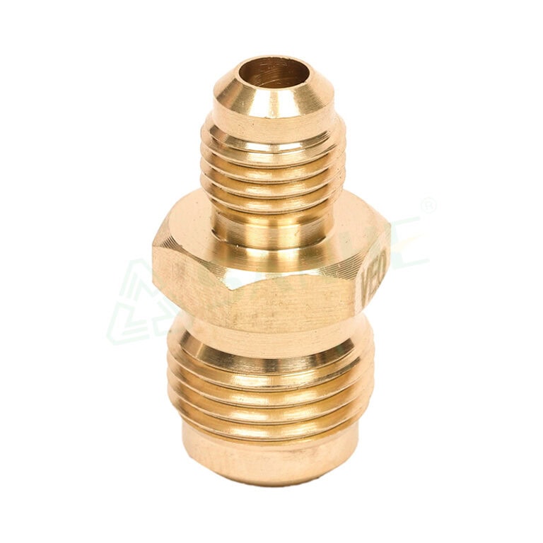 Close-up of a brass fitting with threaded ends, used in plumbing and HVAC systems for secure pipe connections.